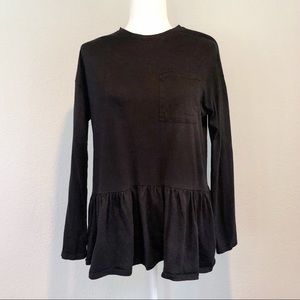 Zara Long Sleeve Ruffle Bottom Black Top
